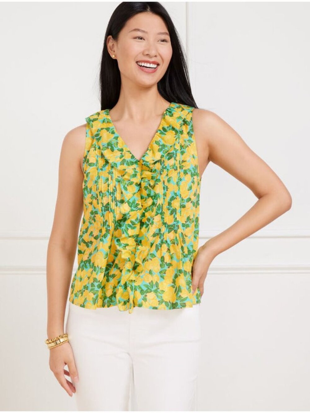 Talbots Lemon Print Ruffle Front Pin Tuck Tank Size Small 100% Cotton